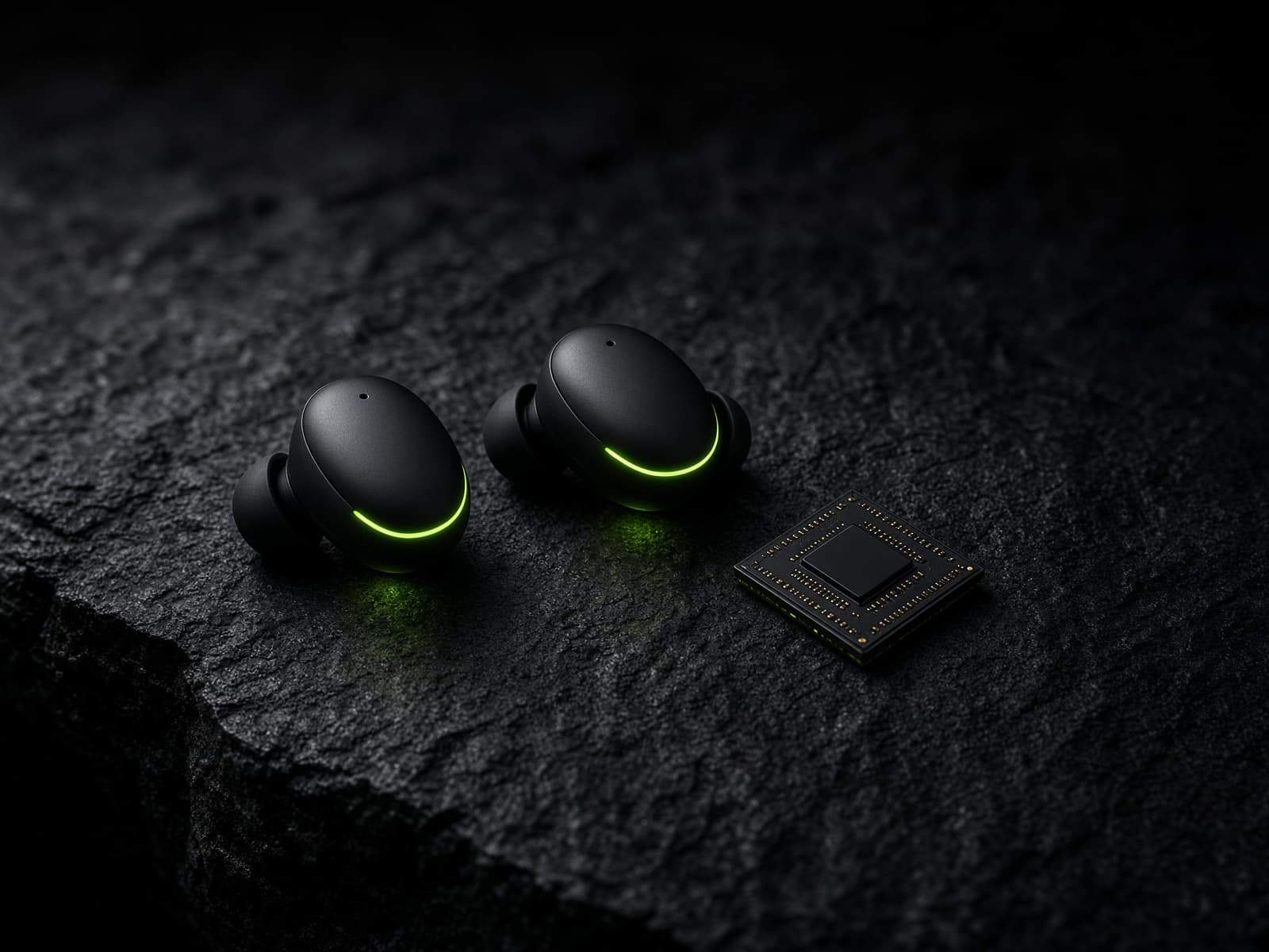 Illustration of earbuds next to a chip