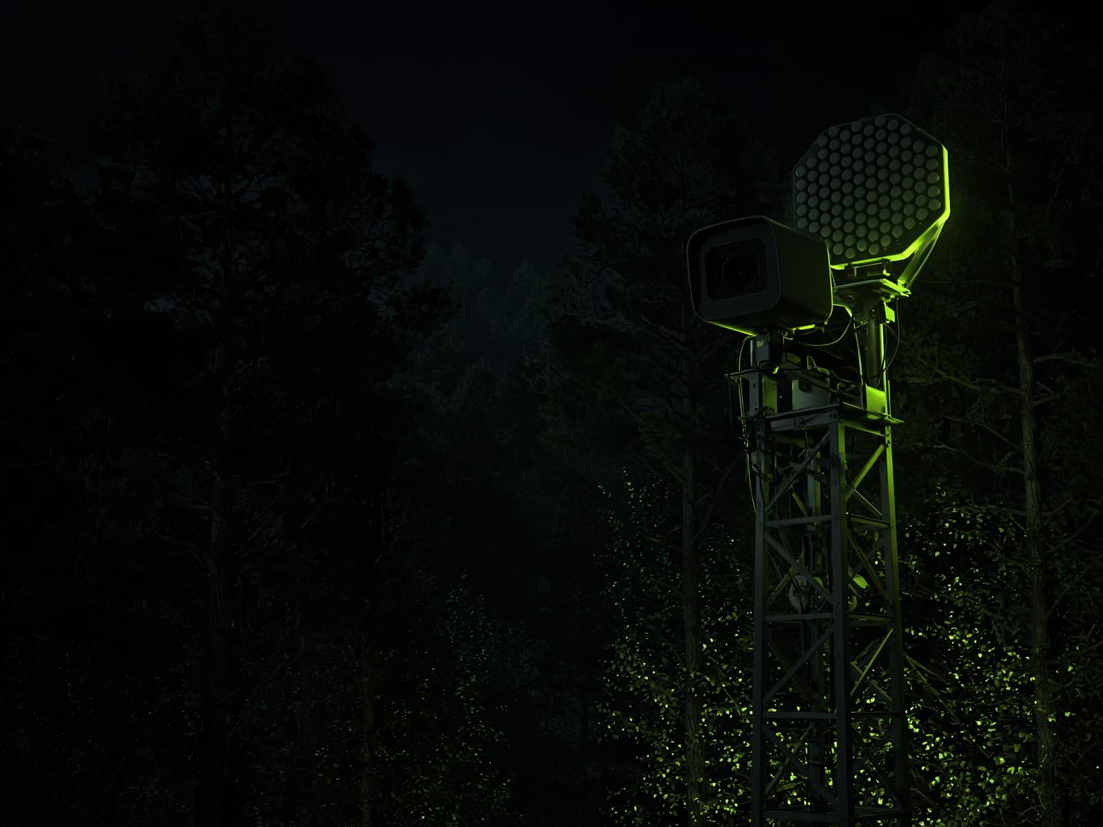 Illustration of a monitoring node on a tower in a forest