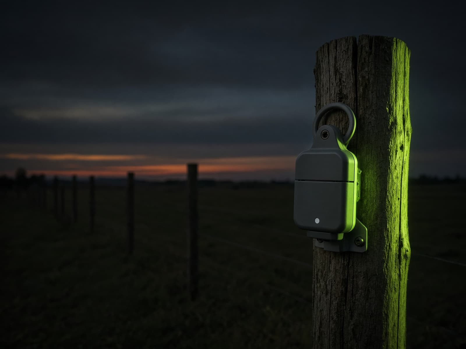 Illustration of a small sensor on a fence post at dusk